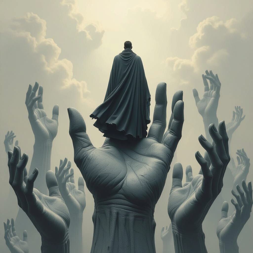 Man on Colossal Hand in Surreal Dark Fantasy