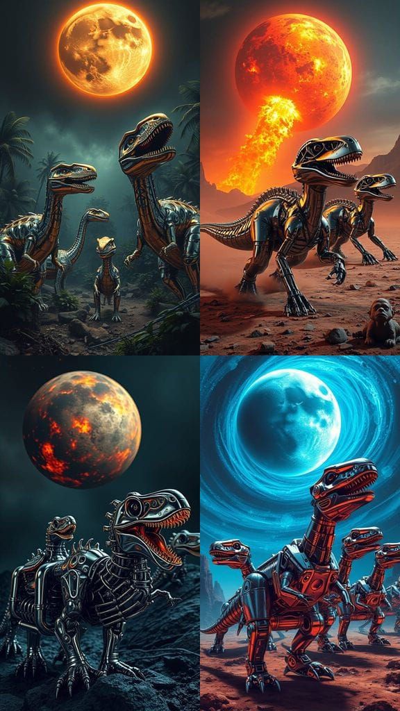 Chrome Dinosaurs Under a Meteor in Futuristic Style