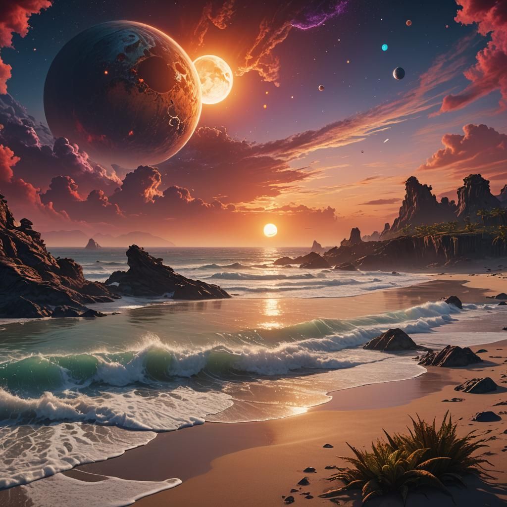 Exotic Sunset on Alien Beach in Detailed Matte Painting