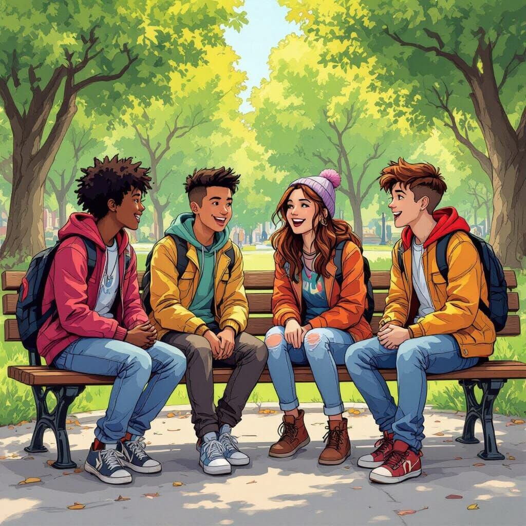 Diverse Teens Chatting in Park, European Comic Style