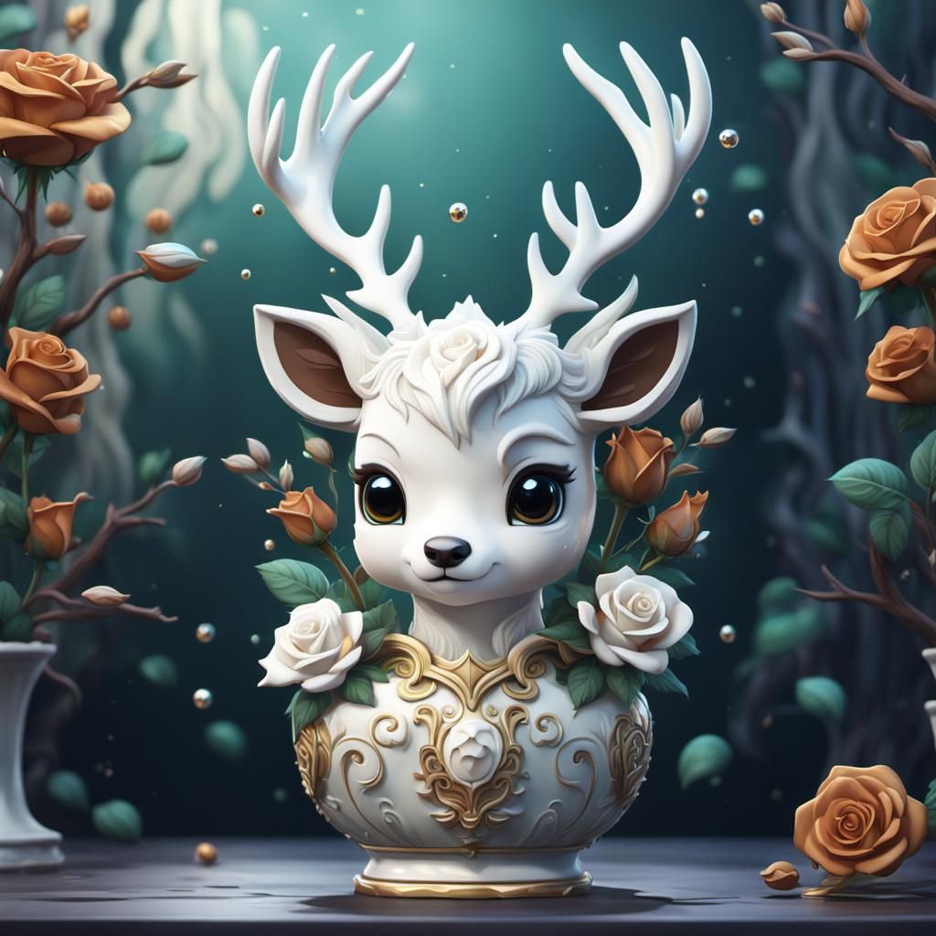 Chibi White Rose Deer Vase: Detailed Matte Painting