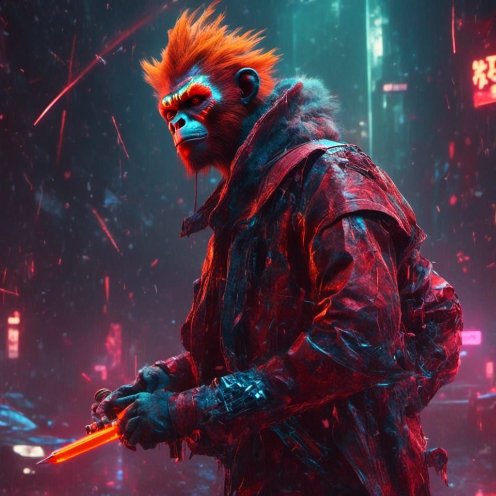 Cyberpunk Monkey King in Neon Dystopia