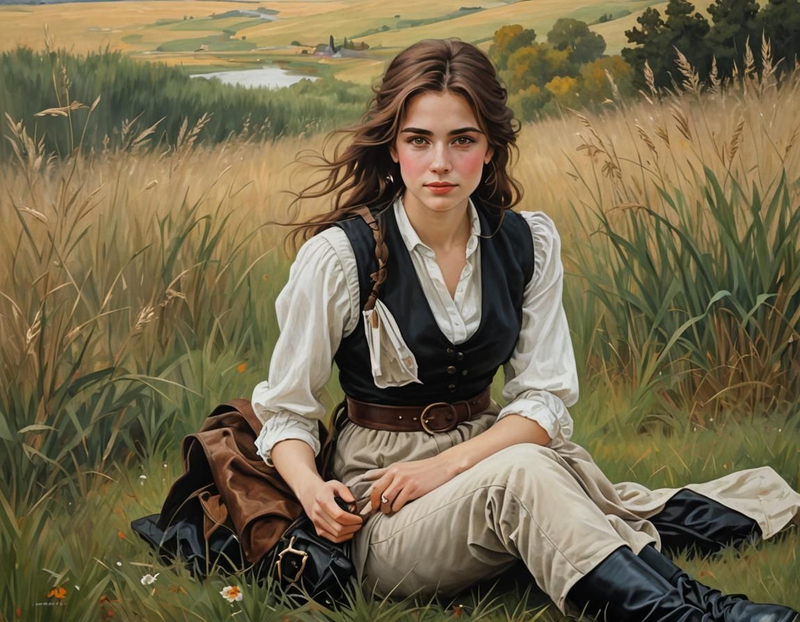 Renaissance Woman in Grass: An Oil Painting