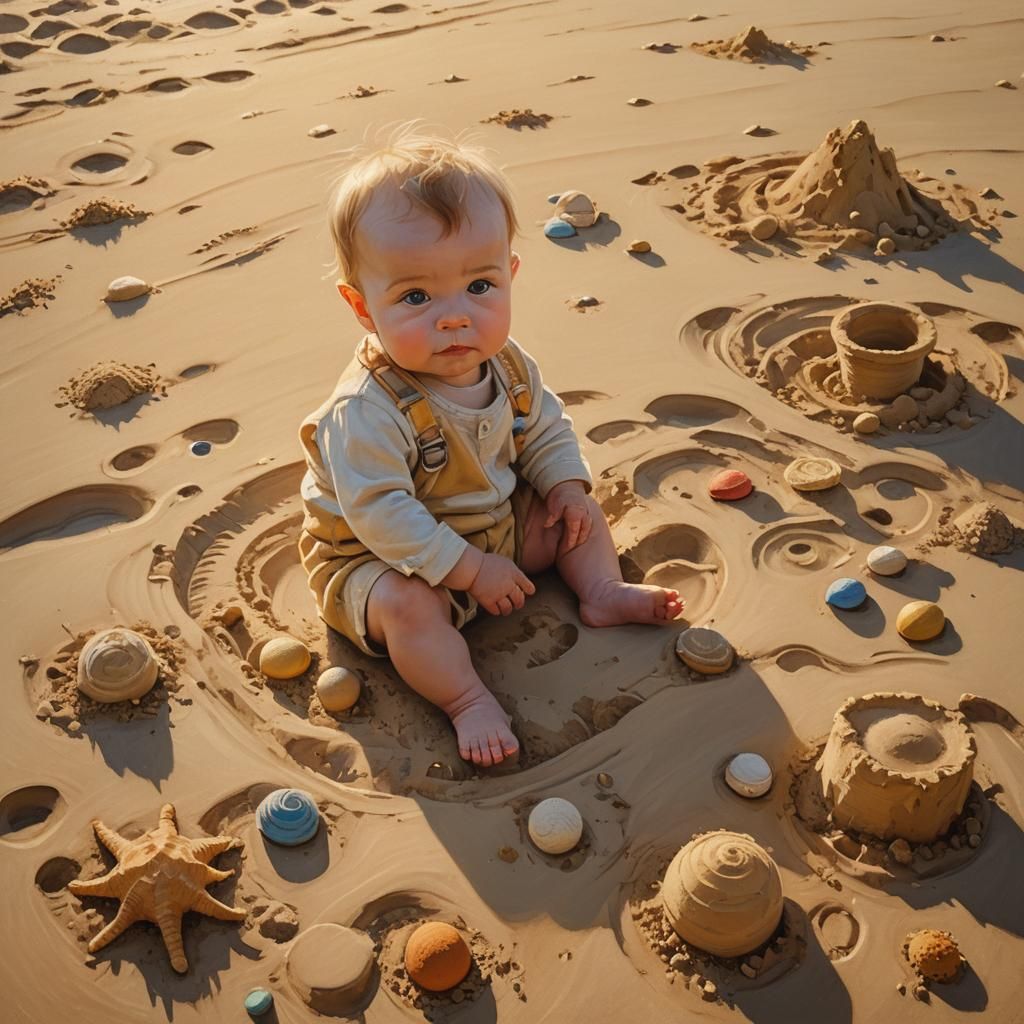 Baby on Beach with Sand Creations: Impressionist Oil Paintin...