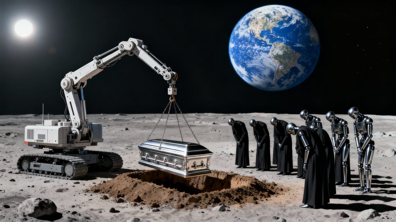 Robot Funeral on the Moon in Surrealist Style