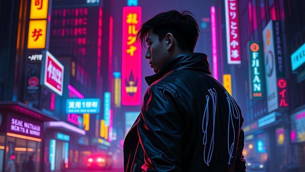 Neon Cityscape with Futuristic Figure