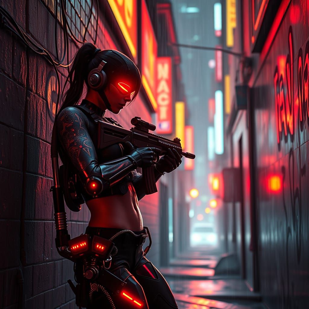 Cyberpunk Cyborg Guard in Neon Alleyway