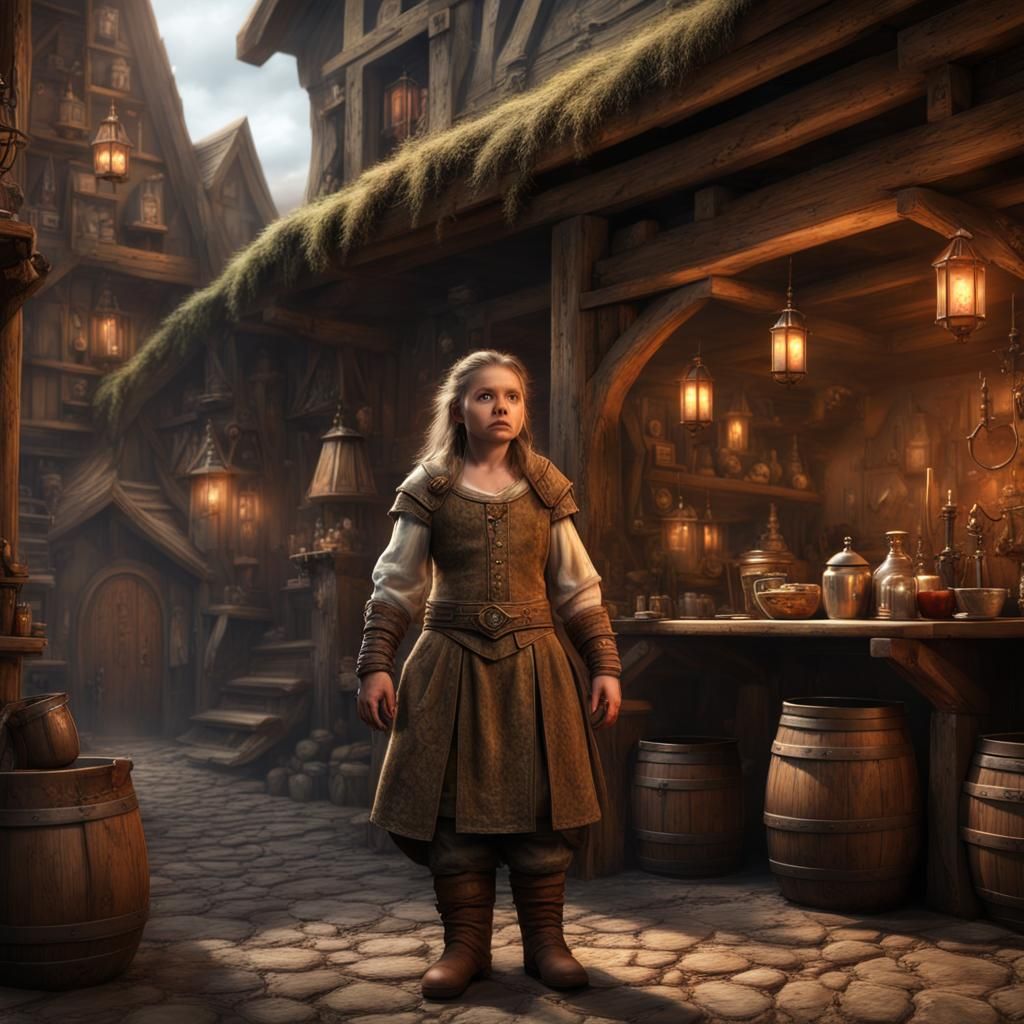 Halfling Dwarf in Front of Medieval Tavern
