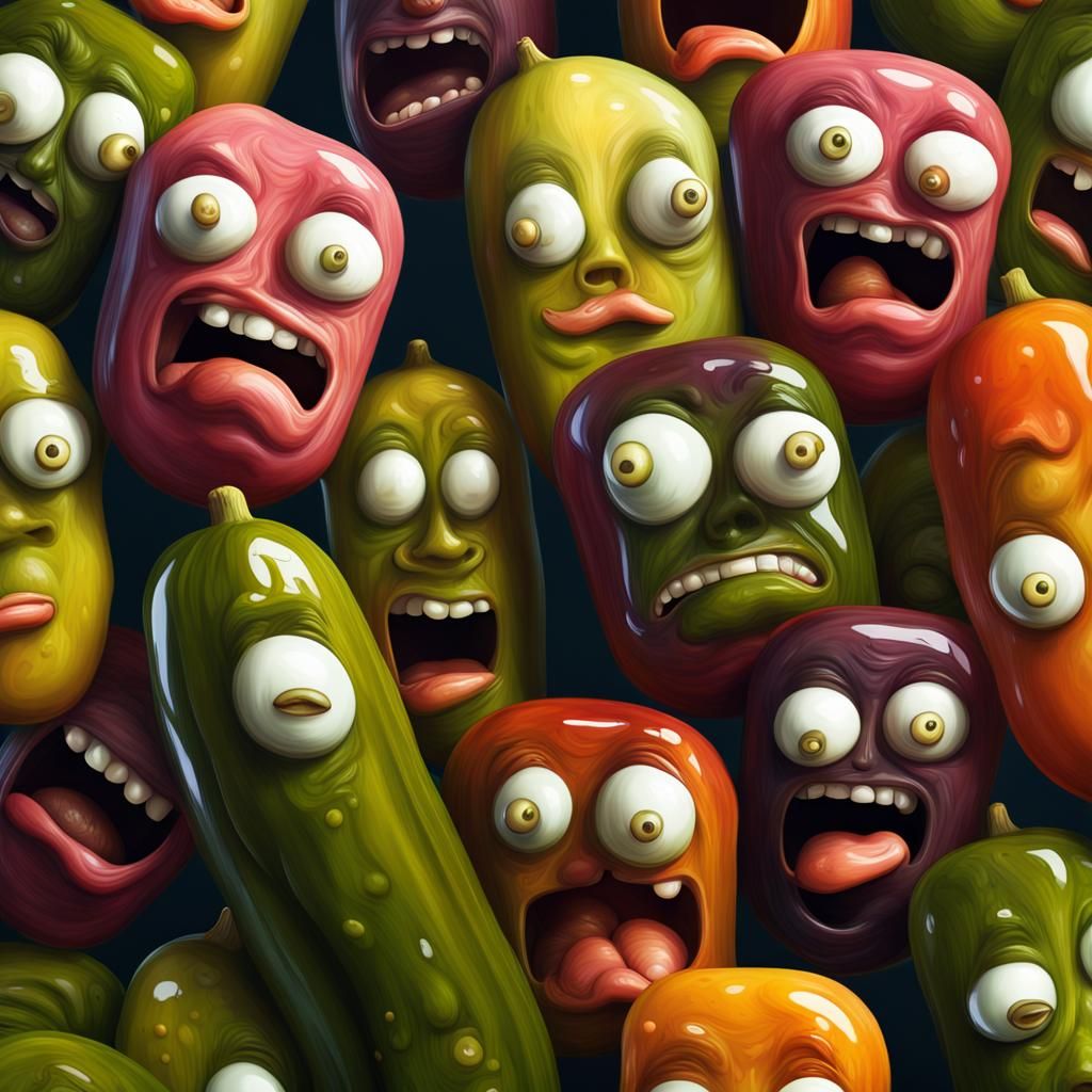 Hyperrealistic Pickles with Faces in Fantasy Style
