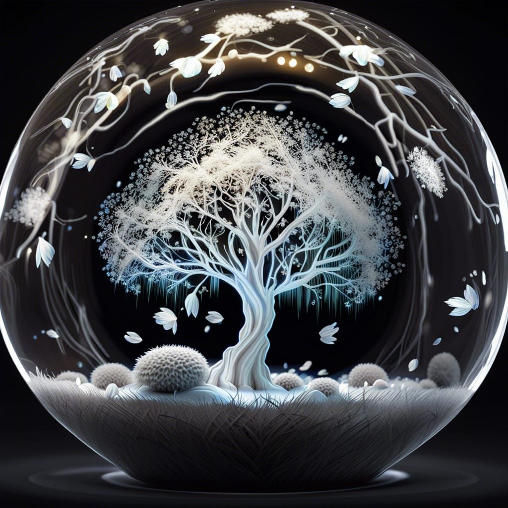 Luminescent White Tree in Glass Sphere: Graffiti Art