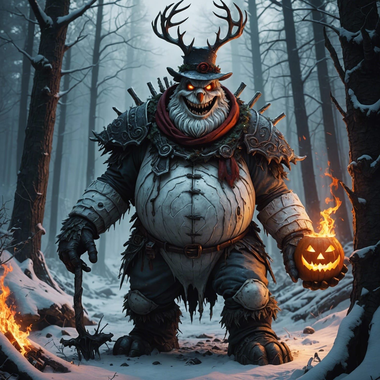 Scary Snowman in a Dark Forest: Digital Matte Painting
