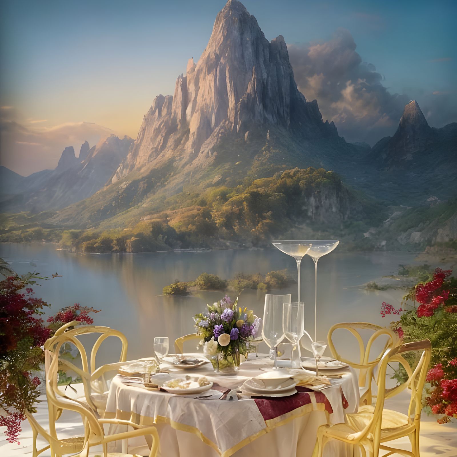 Romantic Breakfast Scene in Whimsical Watercolor Style