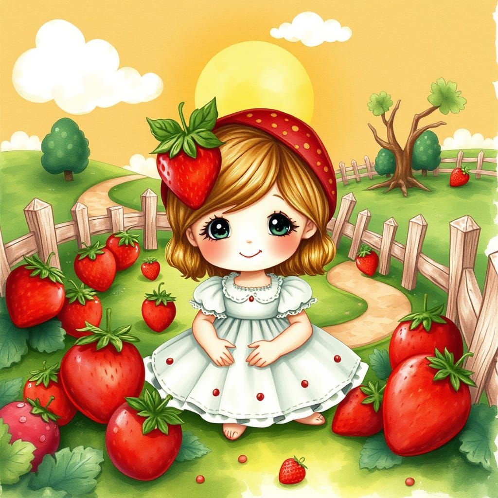Sweet Strawberry Shortcake in Whimsical Watercolor Landscape