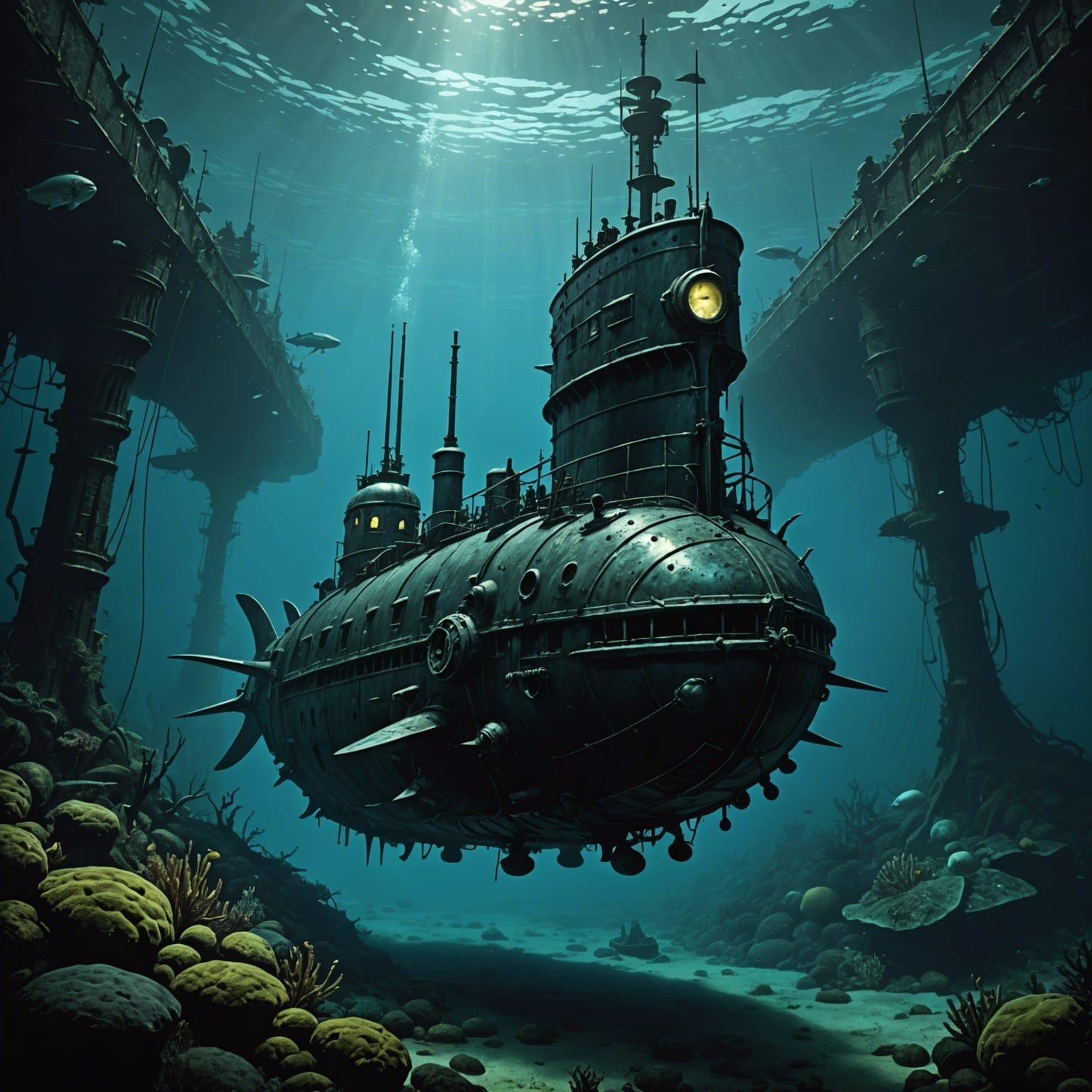 Submarine Underwater: Gothic Horror Illustration