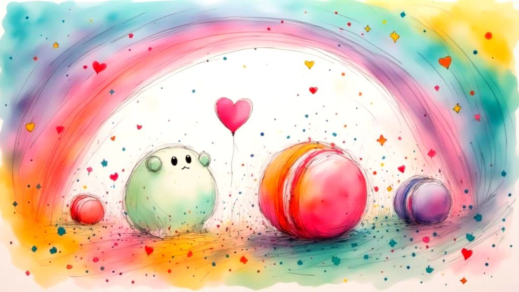 Whimsical Pastries in Rainbow Sky with Friendly Monster, Wat...