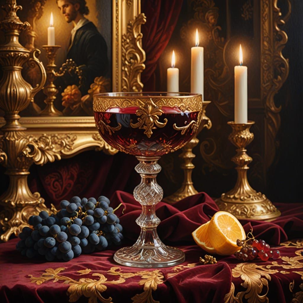 Luxurious Baroque Still Life with Crystal Glass and Velvet T...