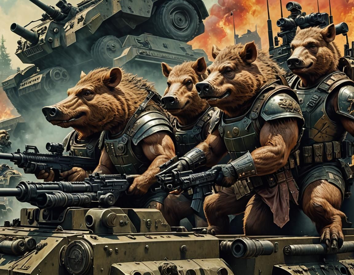 Armored Boars Ride Tank in Comic Book Style