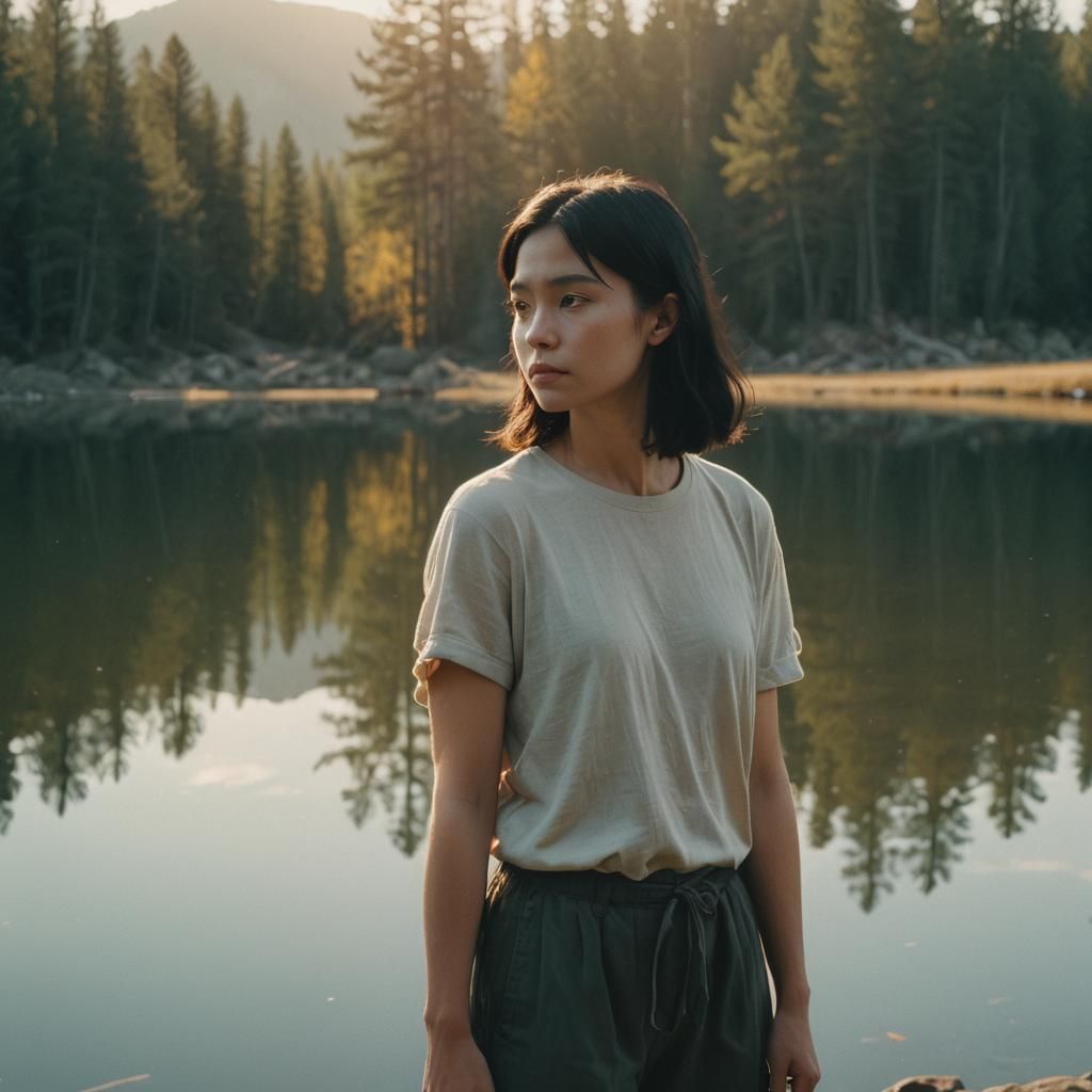Serene Woman by Lake in Cinematic Style