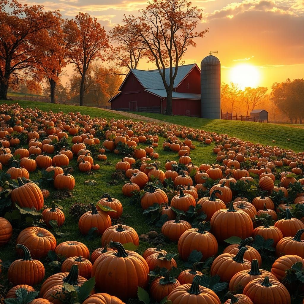 Vibrant Autumn Landscape with Pumpkins and Rustic Barn