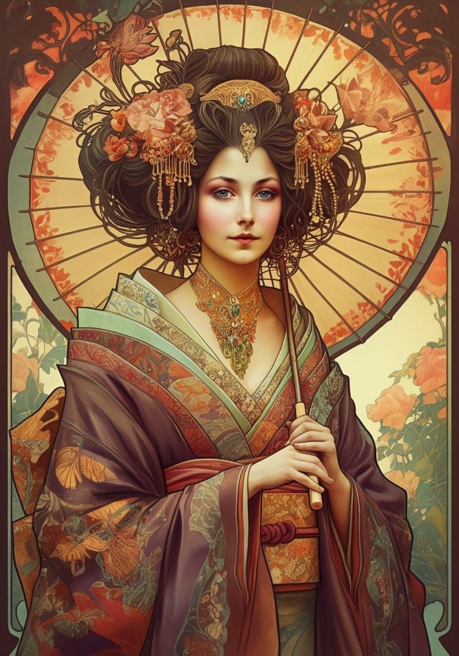 Exquisite Art Nouveau Lady with Intricate Kimono and Parasol