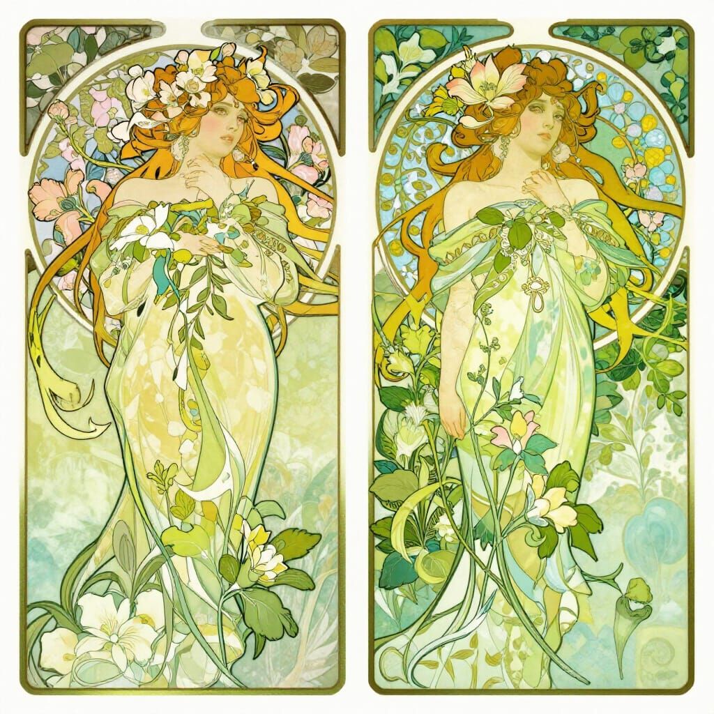 Art Nouveau Spring Bloom Illustration with Lush Greenery