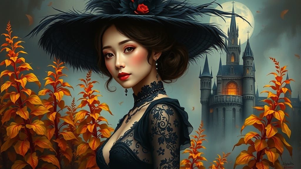 Victorian Gothic Beauty in Drippy Oil Paint Style