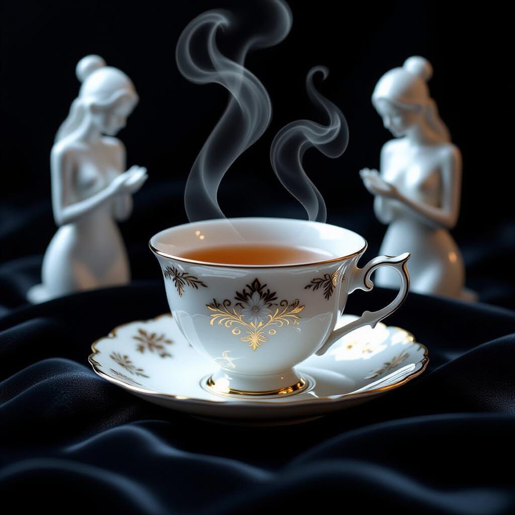 Ethereal Porcelain Teacup with Steam Figures in 3D