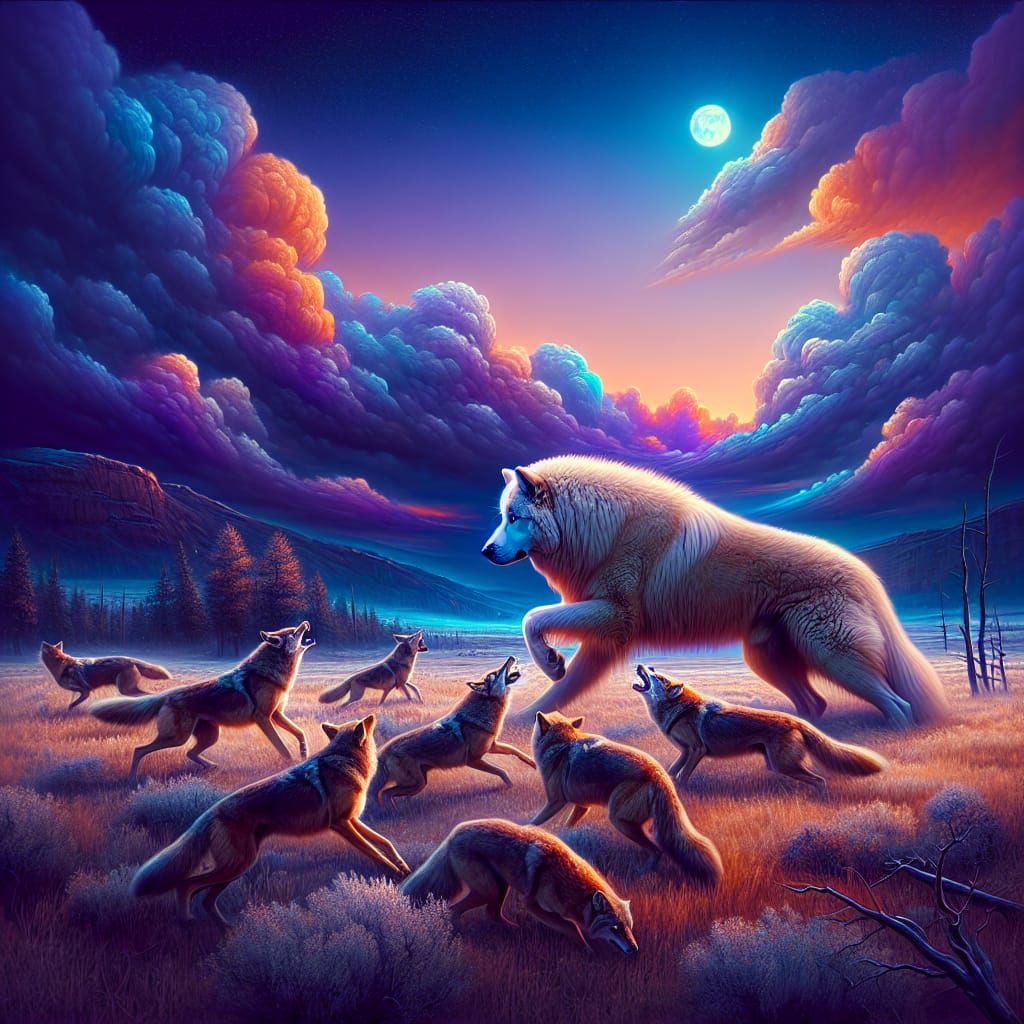 Great Pyrenees Defends Against Coyotes: Matte Painting