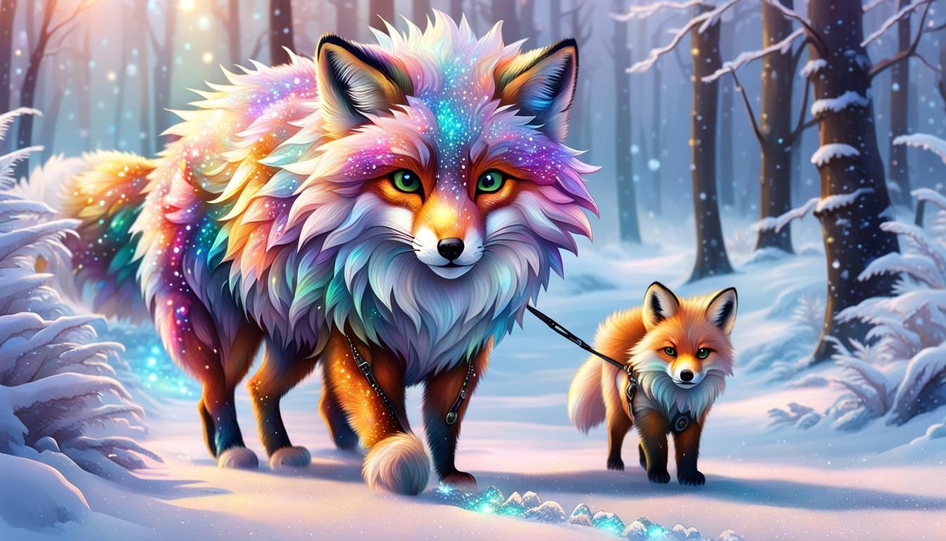 Icy Iridescent Fox on a Walk with Toddler