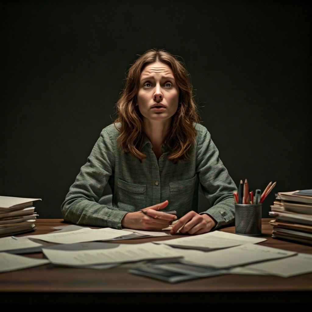 Puzzled Woman at Desk in Digital Illustration Style
