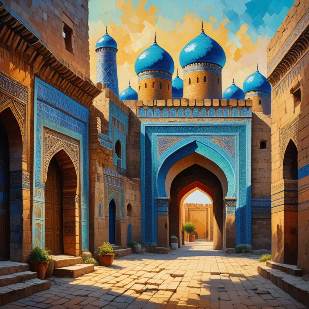 Samarkand's Ancient Stone Fortress in Vibrant Neo-Impression...