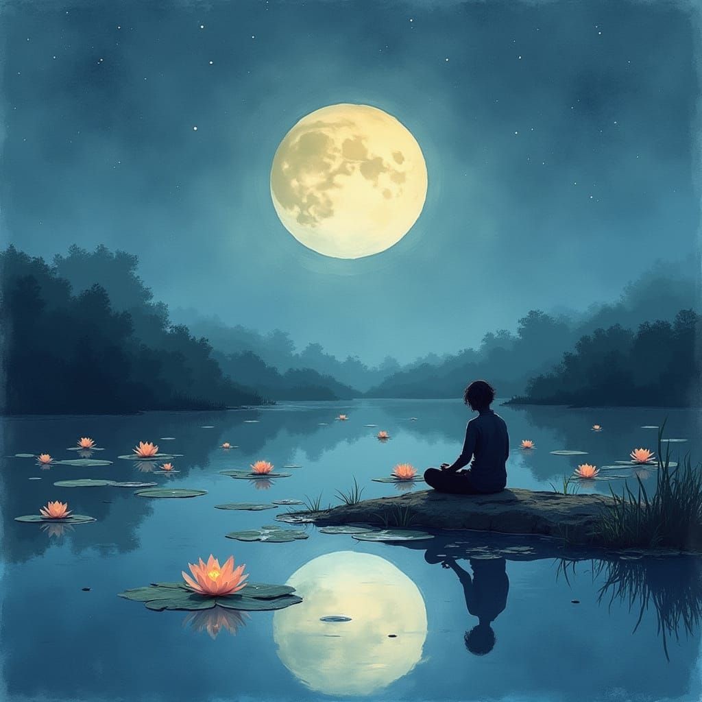 Serene Moonlit Pond with Glowing Lotus Flowers