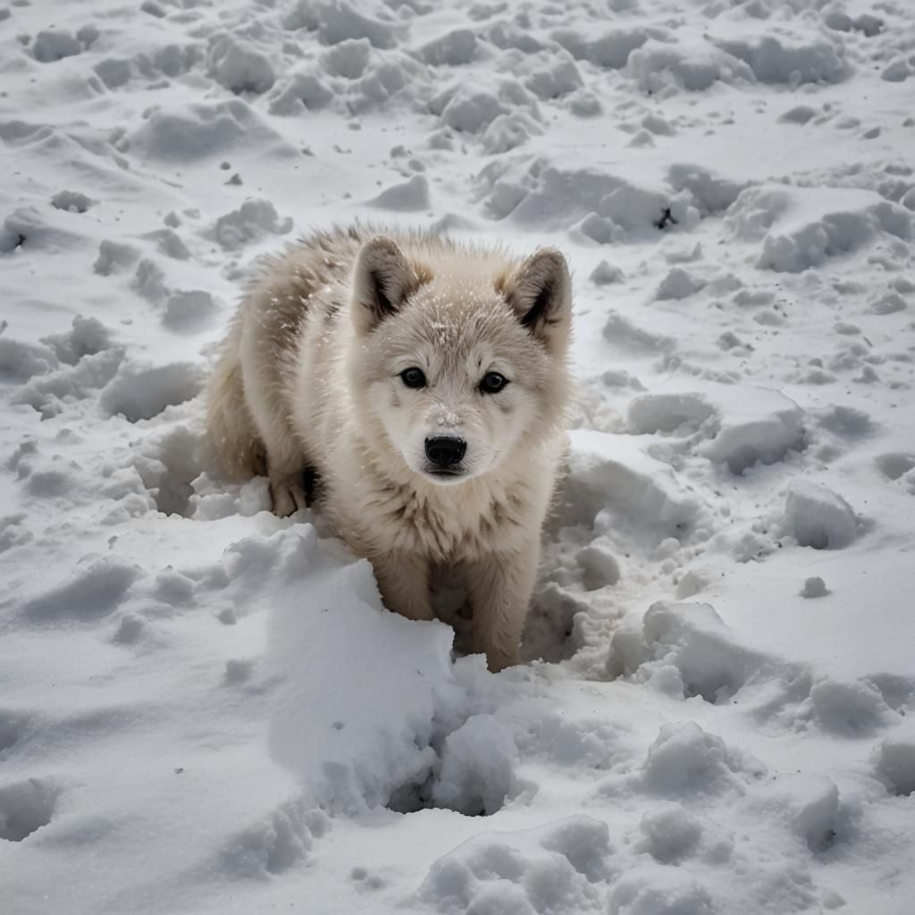 Adorable White Wolf Cub Playing in Snow