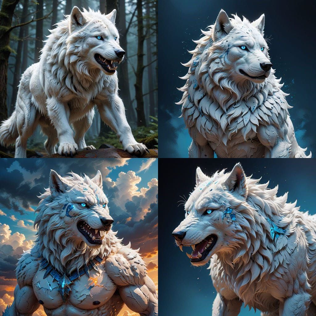 Fierce Anime-Style White Dire Wolf with Muscular Build and B...