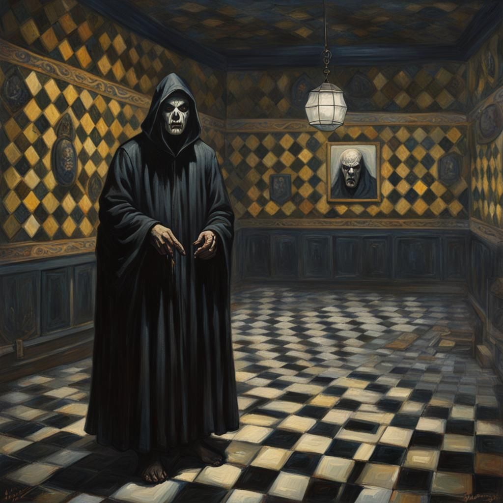 Creepy Cultist in Checkered Room as Oil Painting