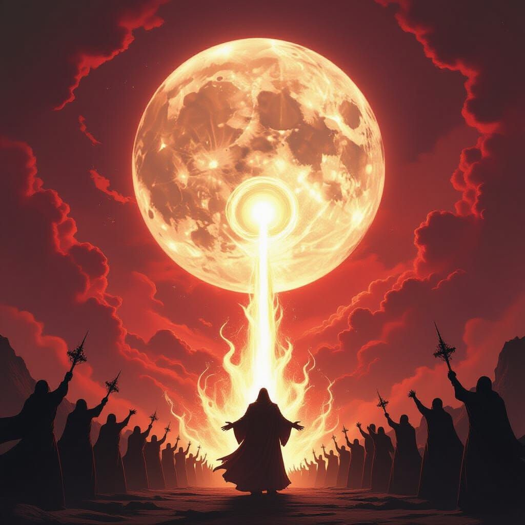 Divine Being Battles Evil Under Crimson Moon