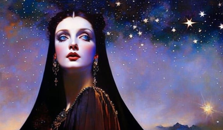 Gothic Woman Stargazing Portrait in Botticelli Style