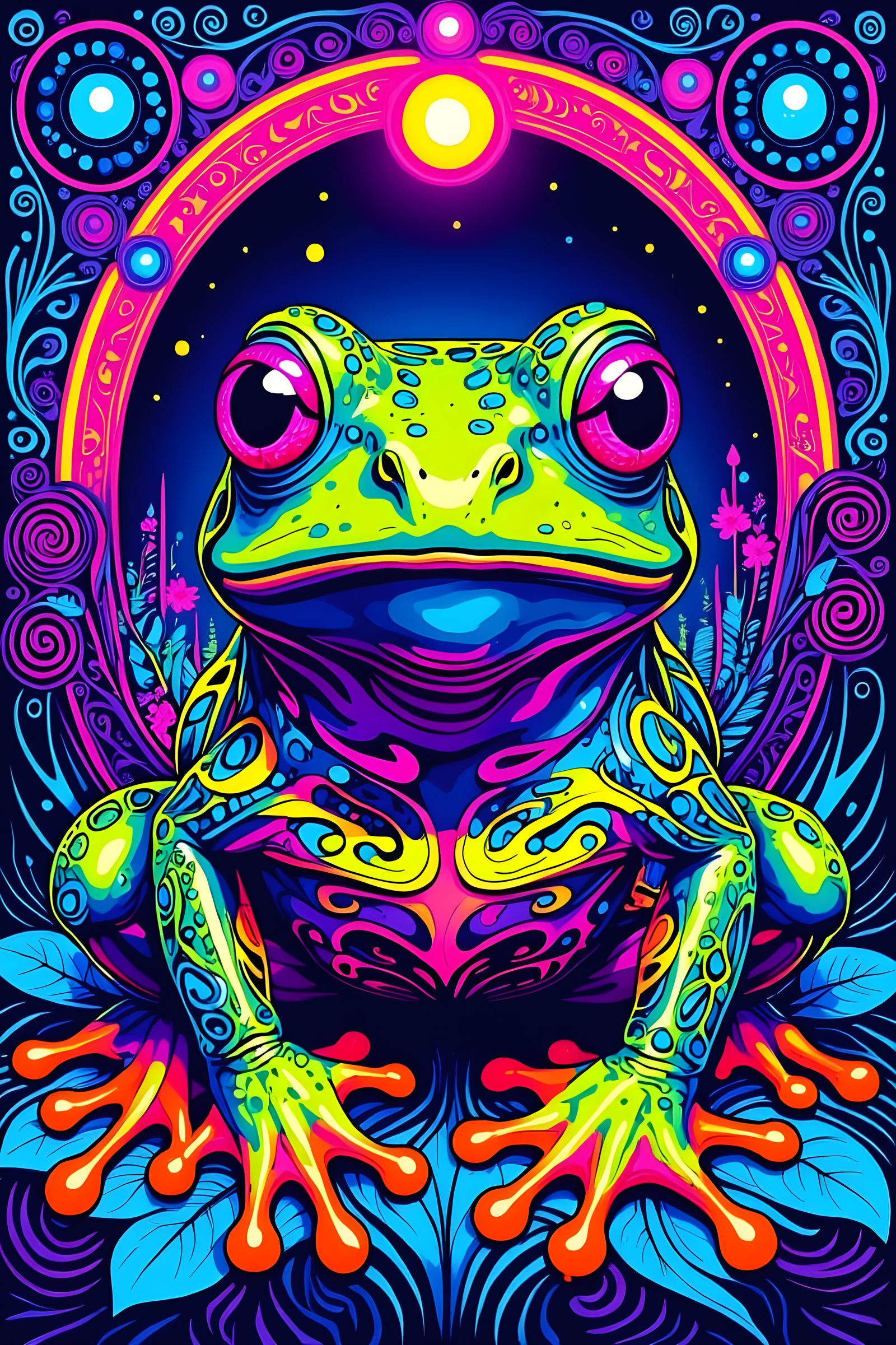 Psychedelic Frog With Hypnotic Eyes in Neon Pop Art Style