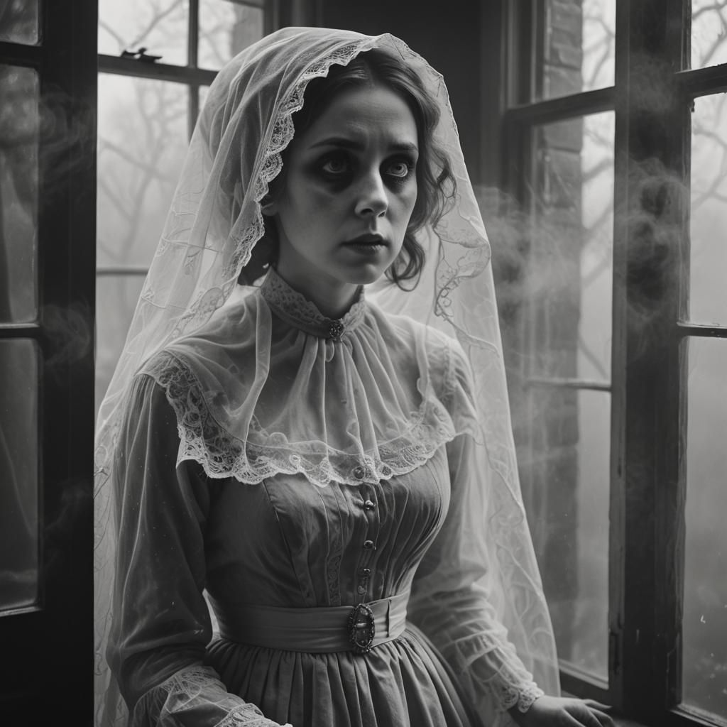 Ethereal Ghost in Grayscale Looks Through Window