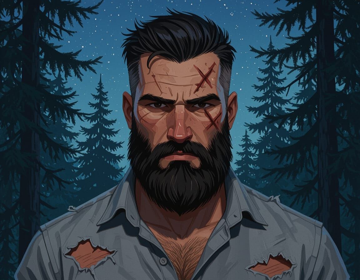 Stern Bearded Man in Dark Forest, Realism Style