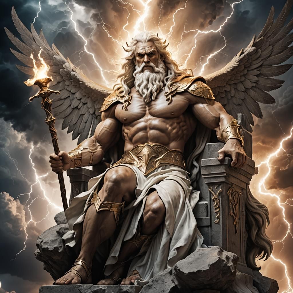 Zeus on Throne in Mythological Realism Style
