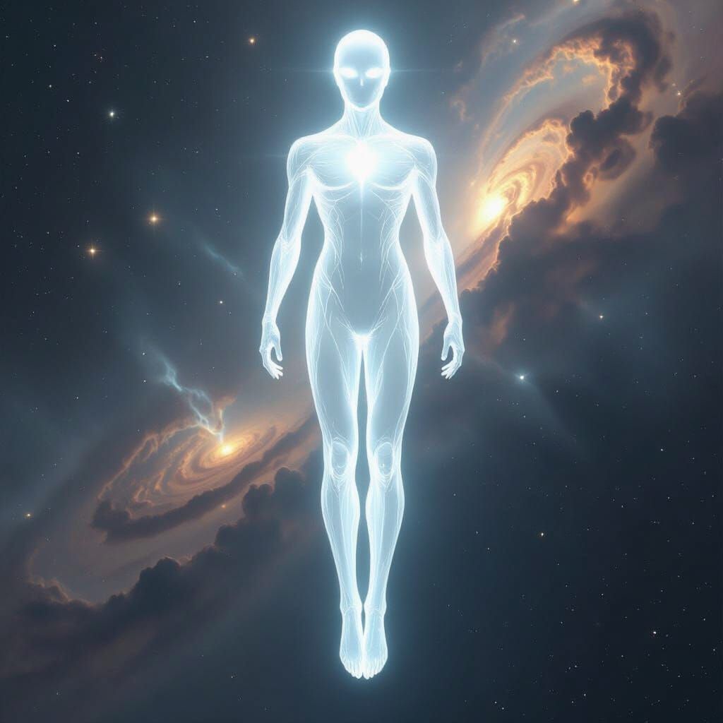 Ethereal White Energy Figure in Cosmic Space