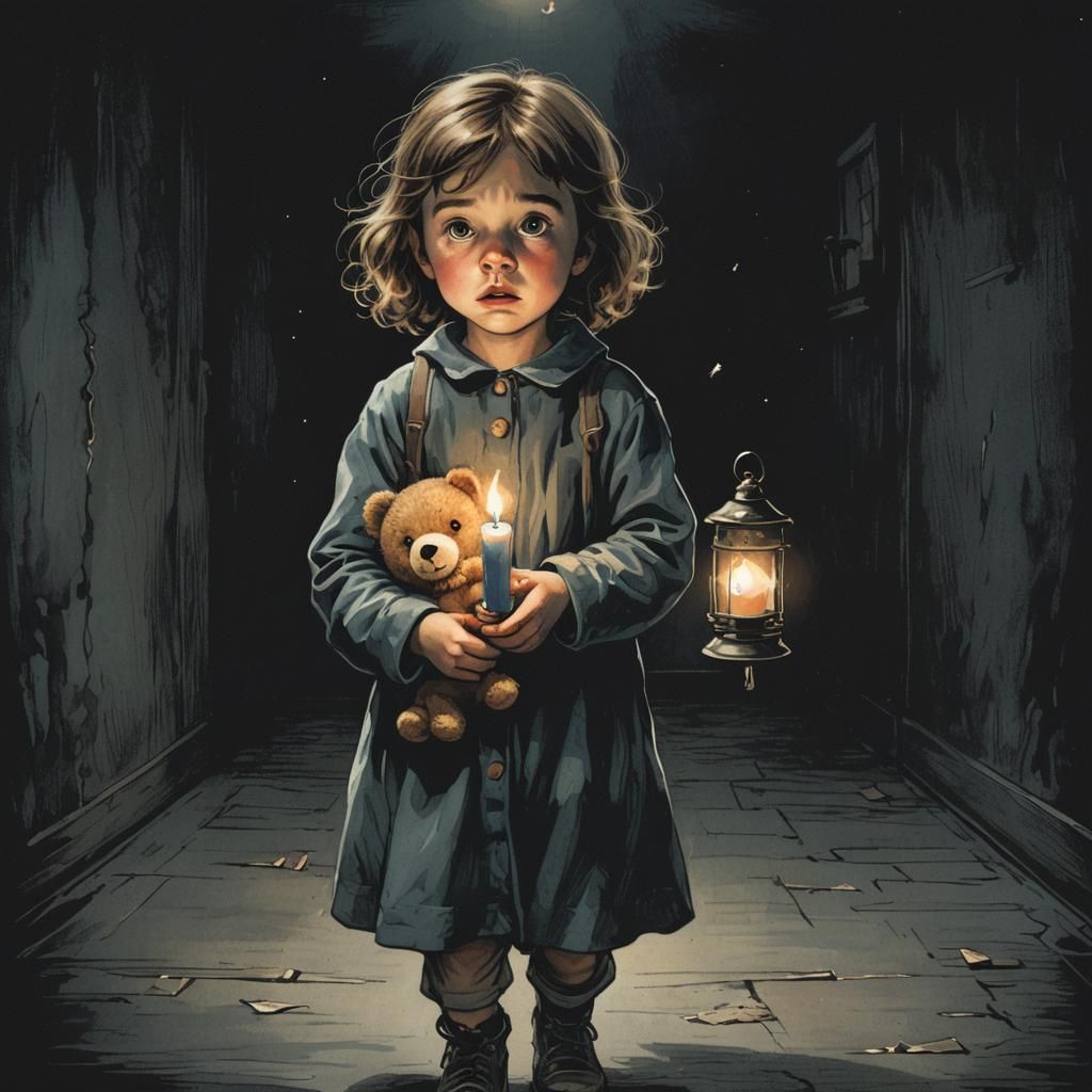 Terrified Child with Teddy Bear in Dark Room