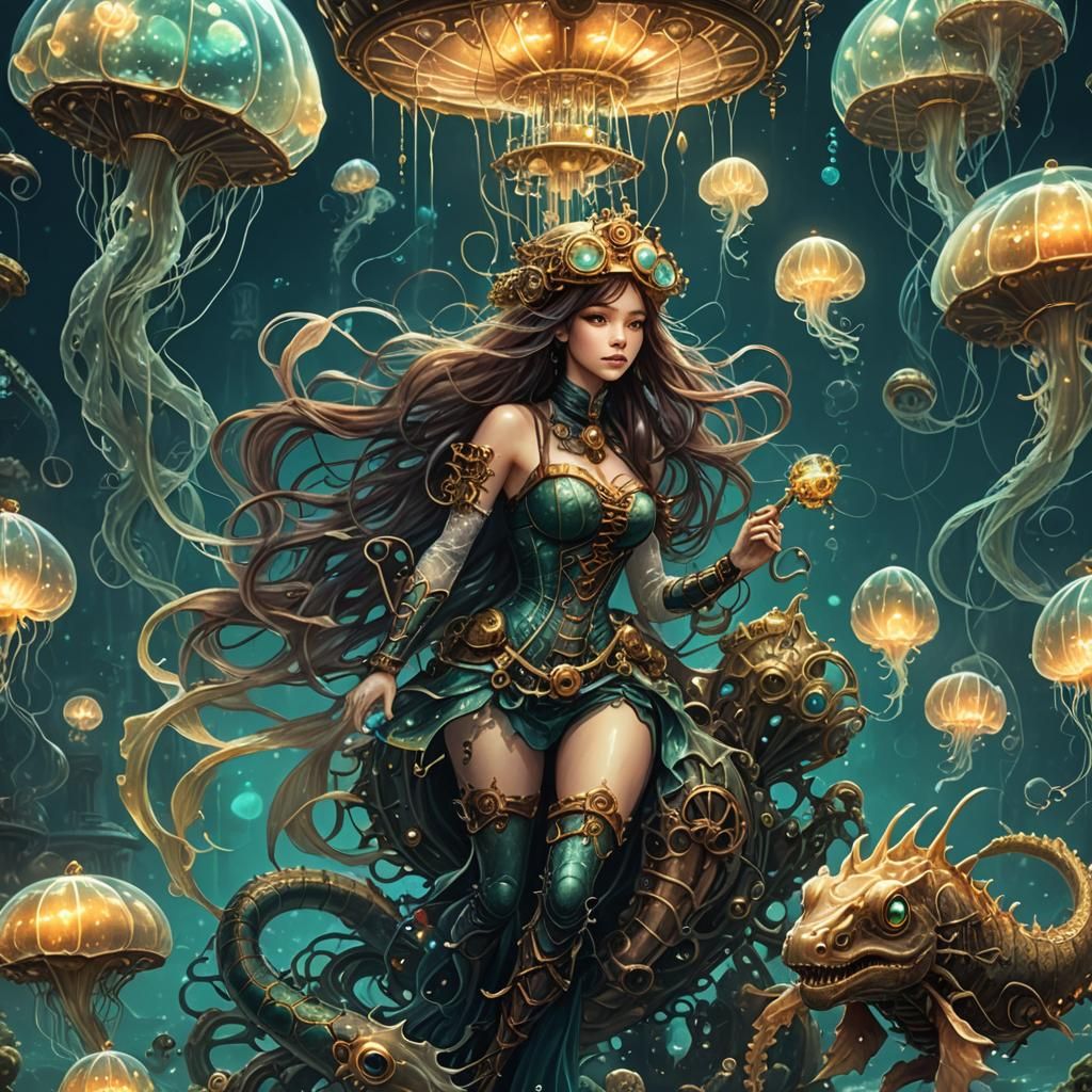 Mermaid and Dragon with Luminescent Jellyfish