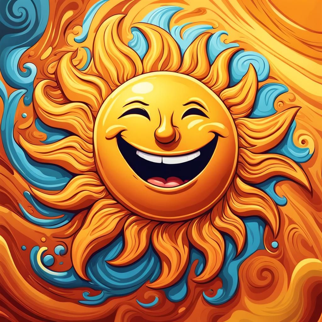 Grinning Cartoon Sun in Hyperrealistic Splash Art