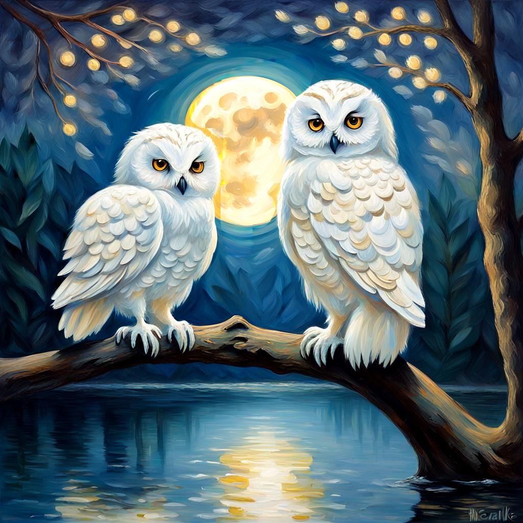 Two little white owls sitting on a branche next to each other’s and in love it’s a beautiful dark night , full moon and ...