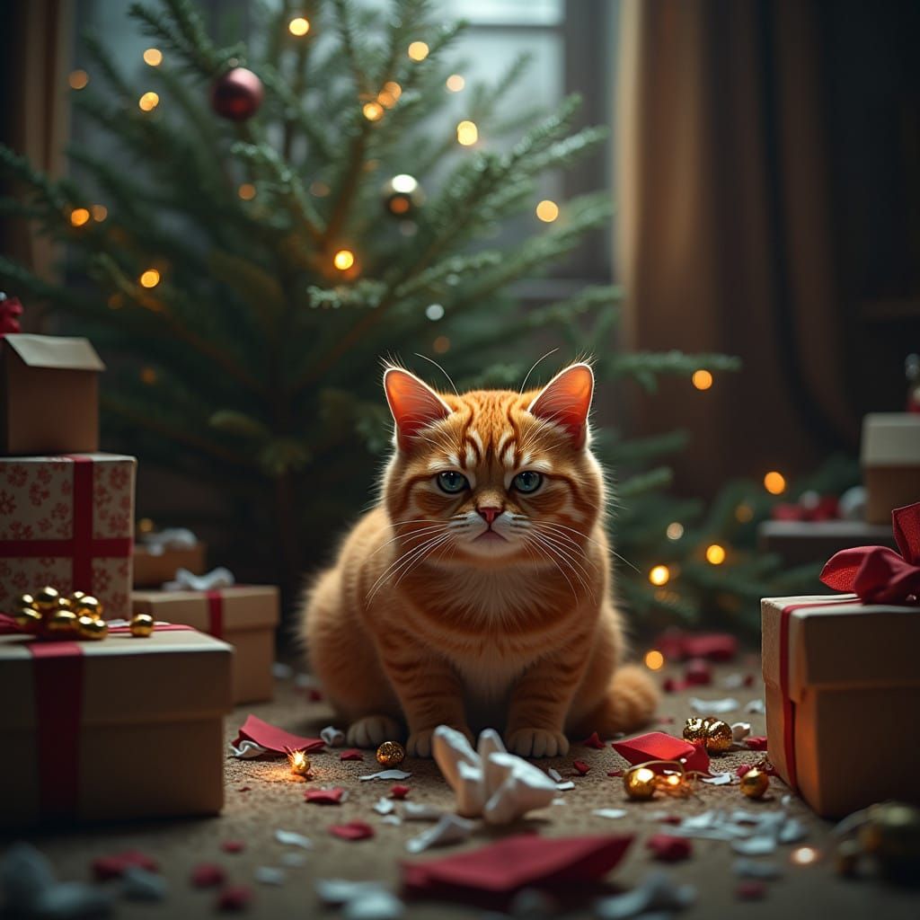 Mischievous Cat Surrounded by Christmas Chaos in Fantastical...