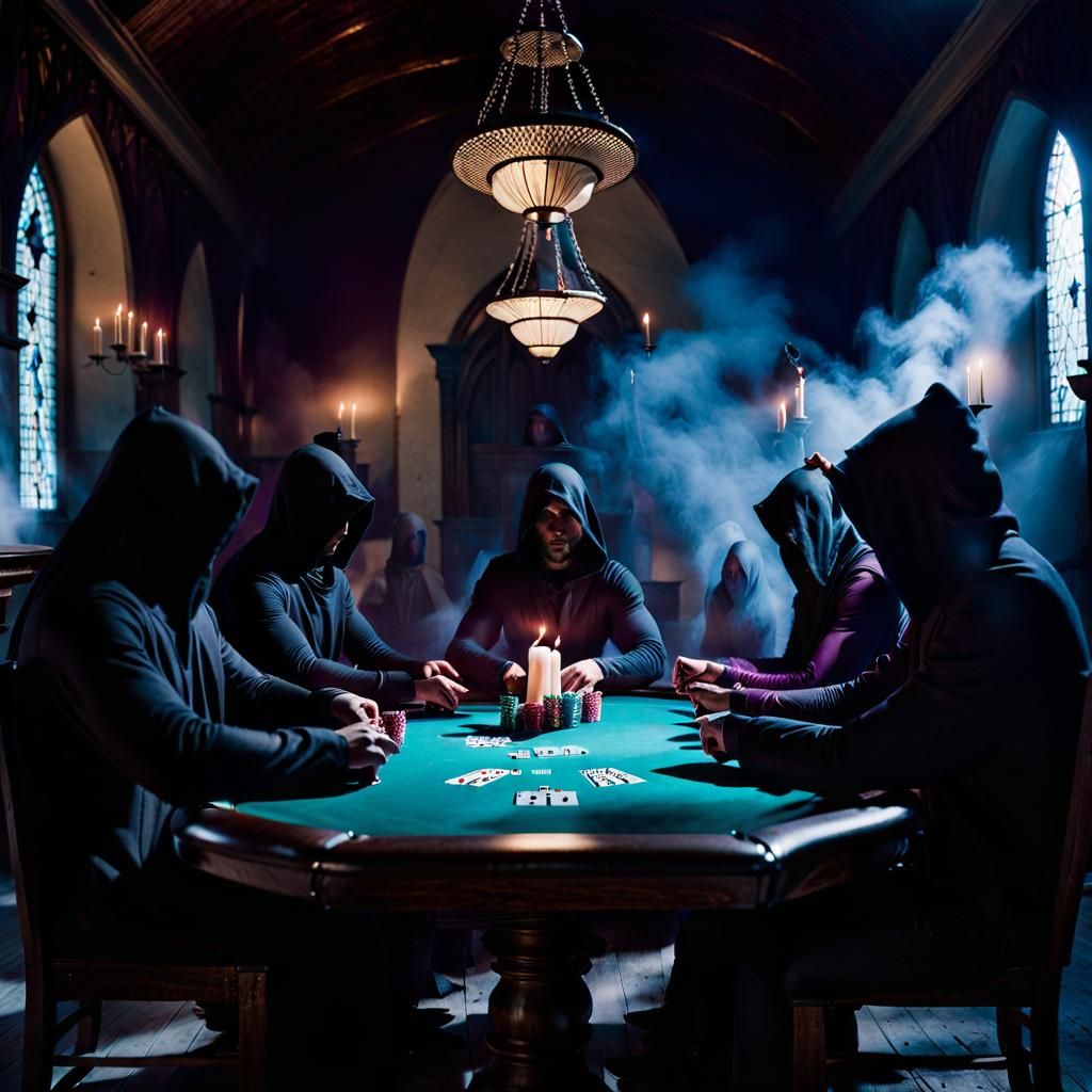 Ominous Hooded Figures Play Poker in Dark Church