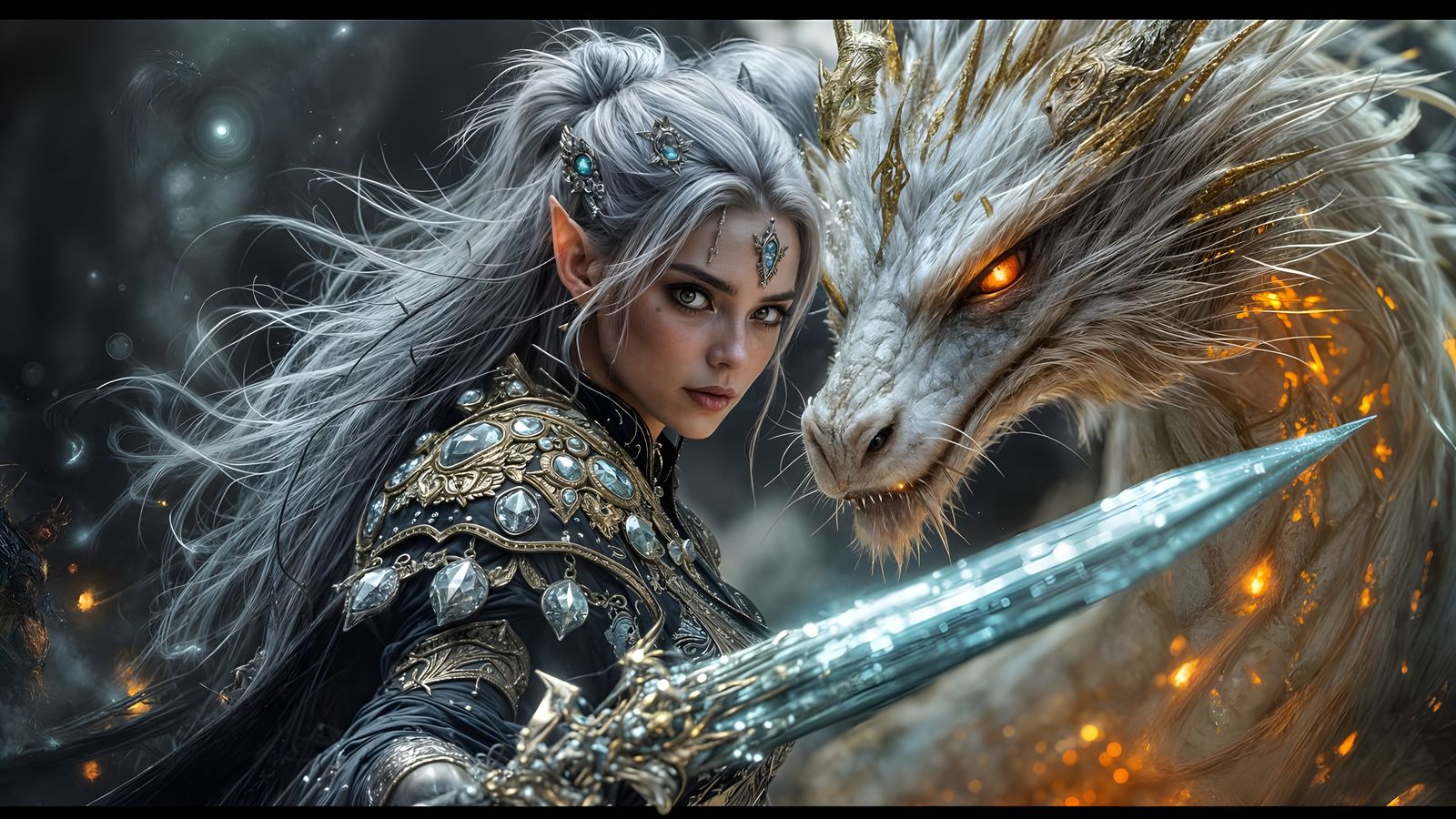 Fae Warrior with Dragon in Norse Landscape
