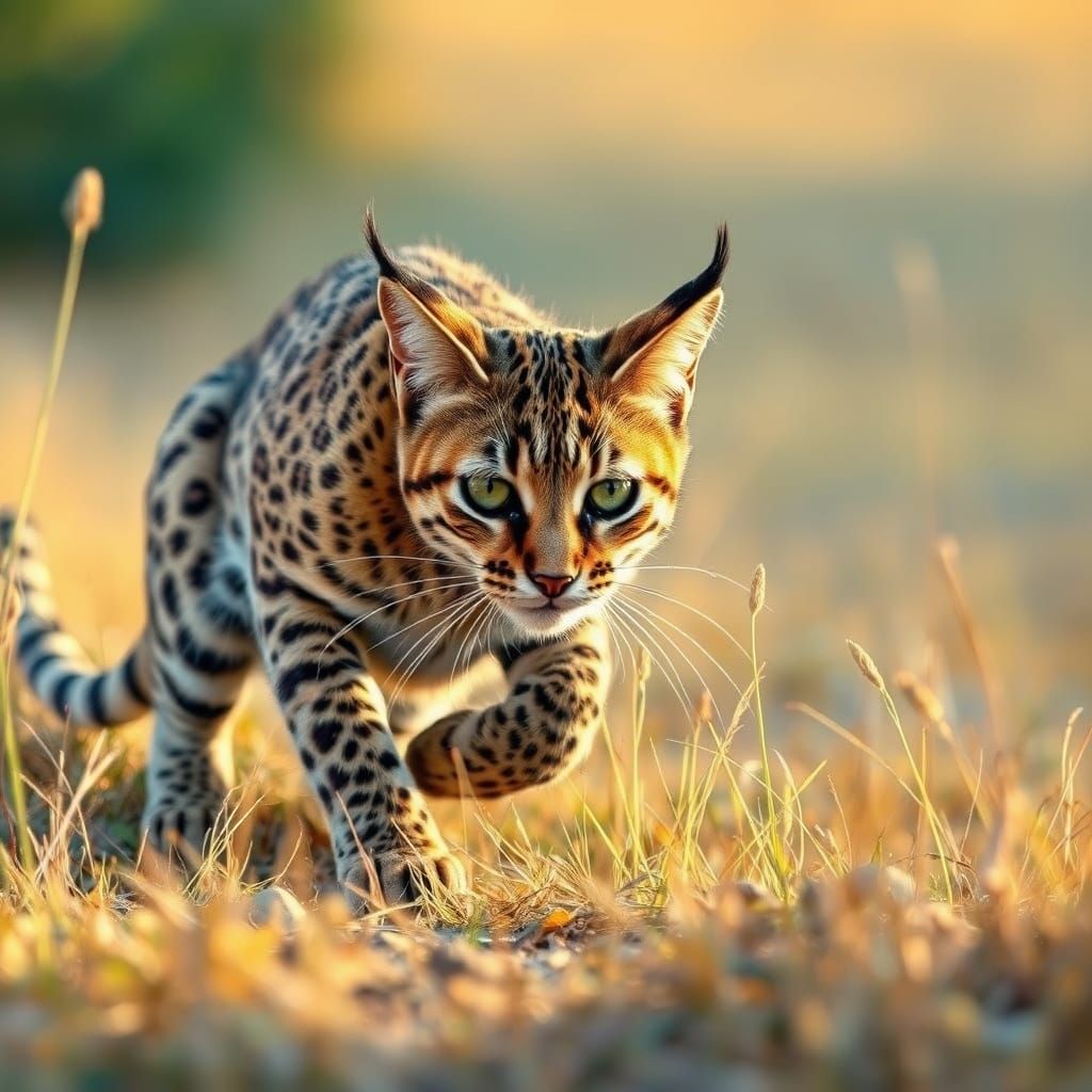 Wild Savannah Cat in Mid-Pounce